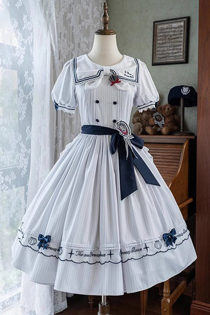 Ivory Navy Stripe Ruffled Embroidered Sweet Lolita Dress