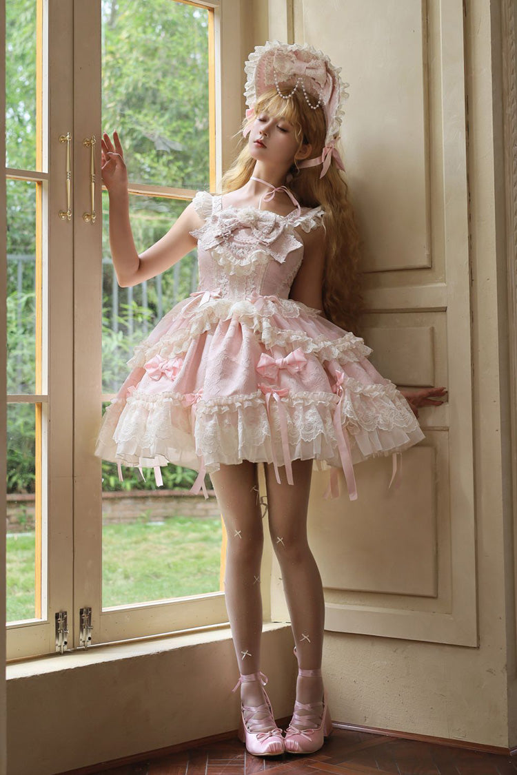 Pink Blossoming Heart Love Sleeveless Dark Jacquard Print Bow Lace Sweet Lolita Jsk Dress
