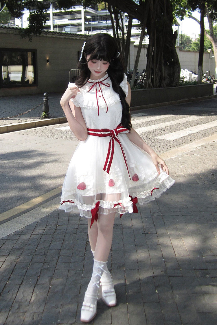 Ivory Strawberry Mousse Cake Stand Collar Sleeveless Mesh Ruffle Bow Lace Sweet Lolita Dress