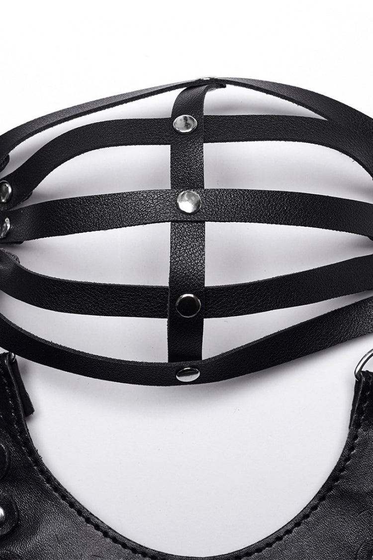 Detachable Steampunk Lingerie with Hollow Lace-Up in Black Faux Leather