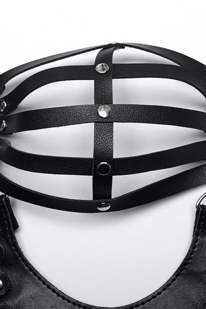Detachable Steampunk Lingerie with Hollow Lace-Up in Black Faux Leather