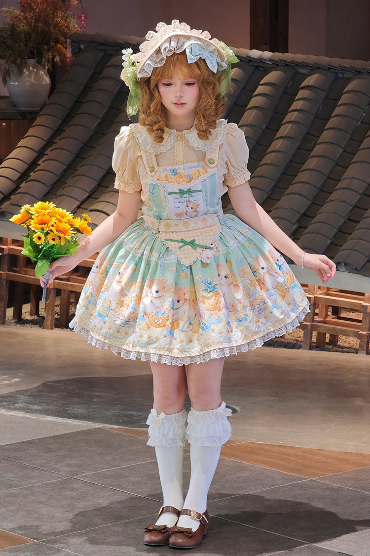 Emerald Pineapple Cat Print Sleeveless Bowknot Lace Sweet Lolita Strap Dress