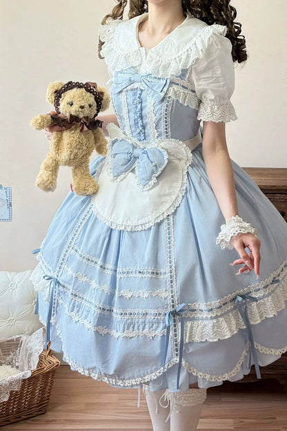 Cotton Sleeveless Lace-Trimmed Sweet JSK with Bow Details
