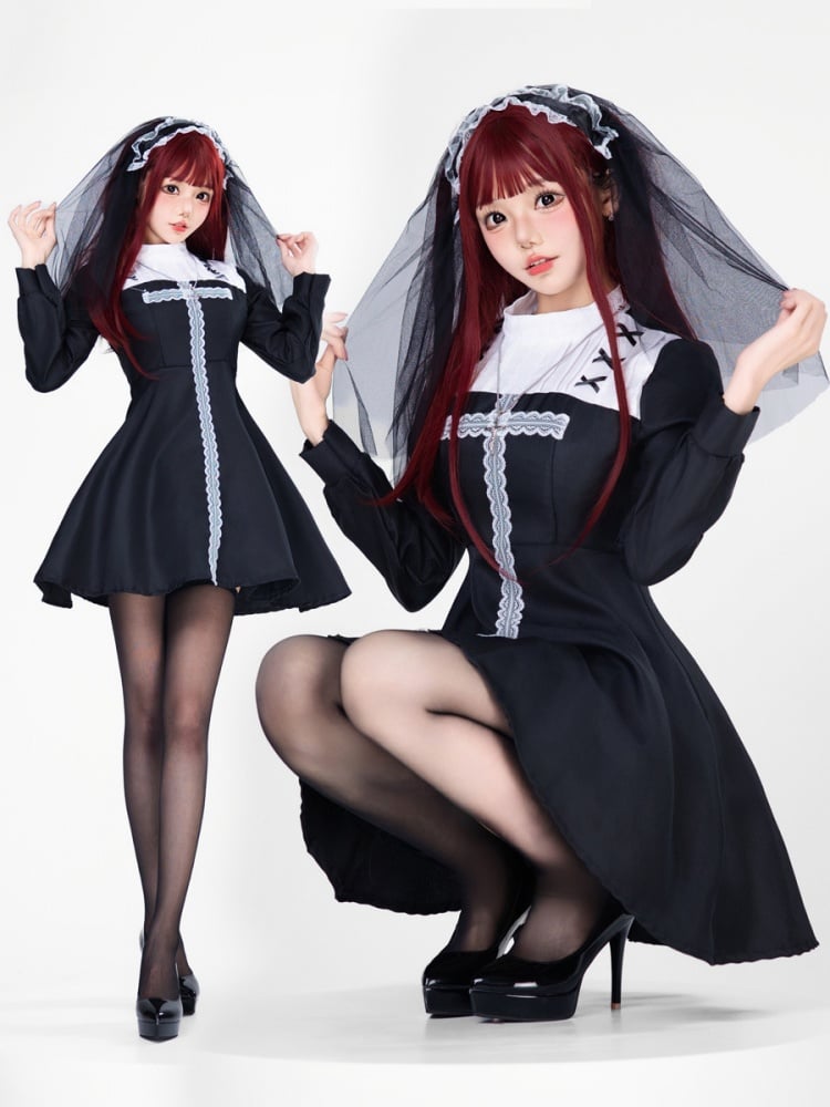 Halloween Gothic Nun Elegant Dress Costume