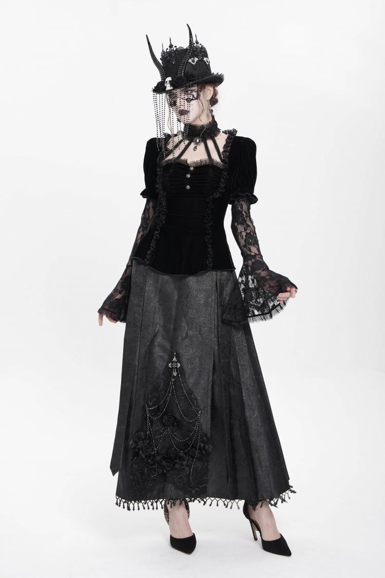 Faux Two-Piece Velvet Blouse with Eyelet and Pleats