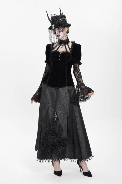Faux Two-Piece Velvet Blouse with Eyelet and Pleats