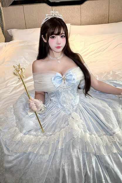 Sleeveless Pearl-Trimmed Hanayome Dress with Ruffles and Bow