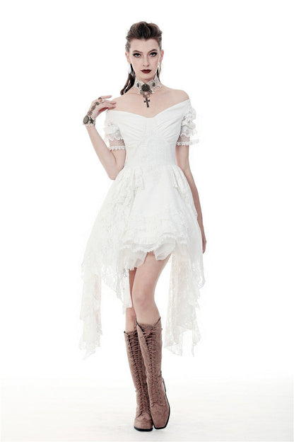 Ivory Off-Shoulder Lace Short Sleeve Steampunk Wedding Dress