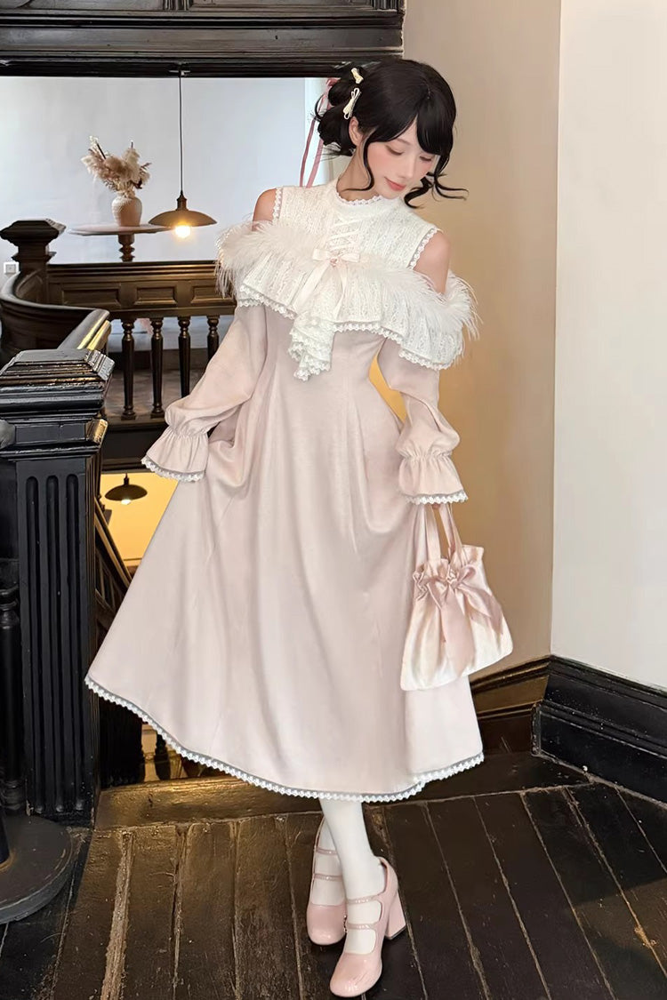 Rose Stand Collar Off-Shoulder Long Sleeve Lace Sweet Japanese Elegant Lolita Long Gown - Little Love Song