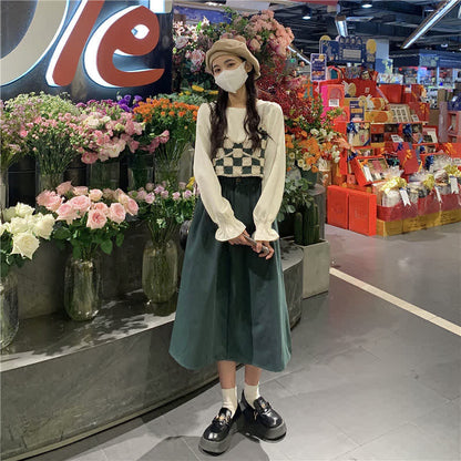 Skirt Set Plaid Chiffon Pleated Shirt Vest Green