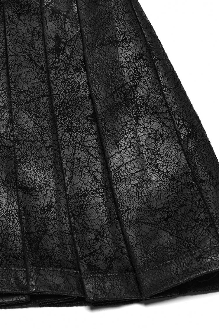 Pleated Punk Skirt with Stitching in Black Faux Leather for Women