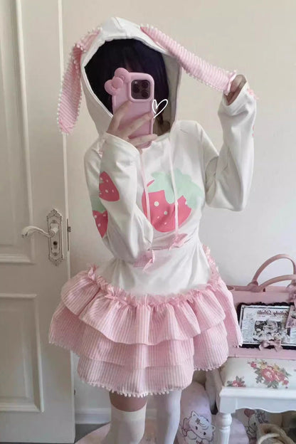 White/Pink Sweet Lolita Long-Sleeved Strawberry Print Hooded Dress