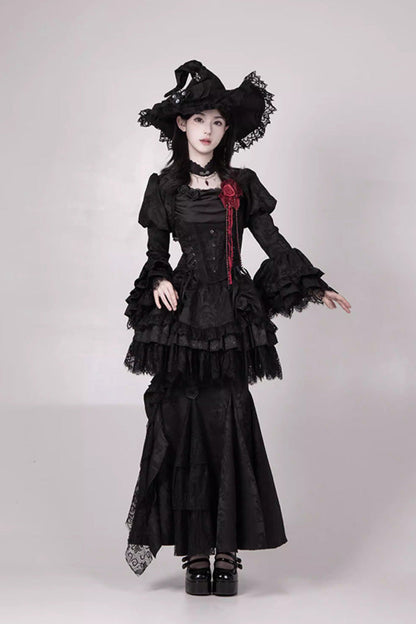 Gothic Lolita Skirt with Multi-Layered Jacquard and Ruffled Witch Design