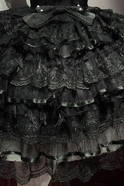 Black Feathers Ballad Sleeveless Multi-Layered Ruffle Hanayome Bow Gothic Lolita Jsk Dress