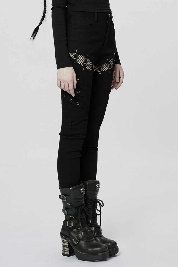 Dark Mesh Buckle-Trimmed Steampunk Pants with Hardware Accents