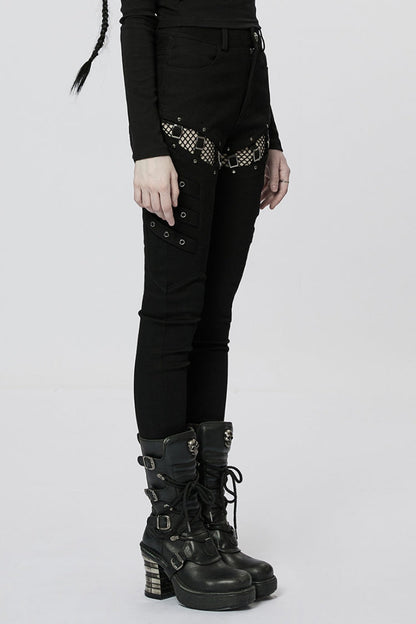 Dark Mesh Buckle-Trimmed Steampunk Pants with Hardware Accents