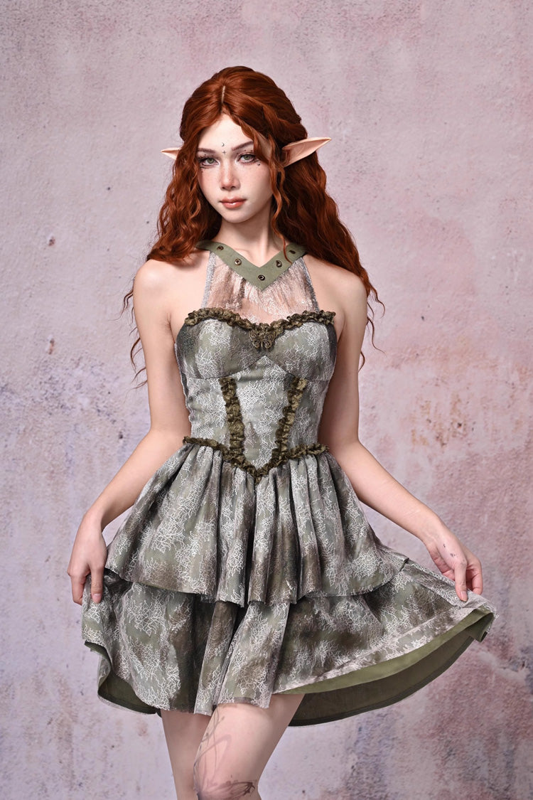 Light Green Halterneck Double-Layer Print Ruffle Lace Tie-Dye Vintage JSK Dress