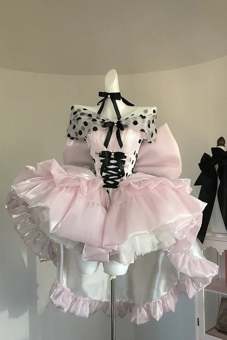 Rose Polka Coronation Sleeveless Printed Ruffle Bow Back Corset Lace Princess Gown