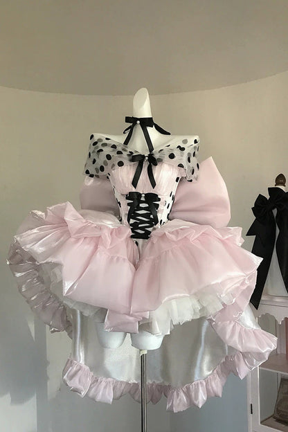 Rose Polka Coronation Sleeveless Printed Ruffle Bow Back Corset Lace Princess Gown