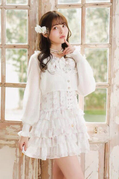 Multi-Layer Printed Ruffle Bow Sweet Dress Three Colors