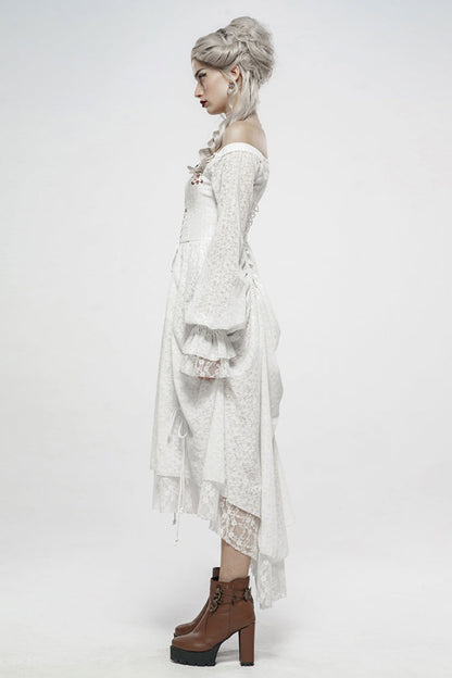 Ivory Off-Shoulder Puff Sleeve Mesh Gothic Gown