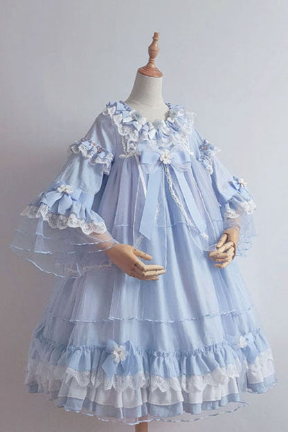 Blue OP Tiered Dress Sweet Lolita Trumpet Sleeves Bowknot Ruffled - Altfashion Shop