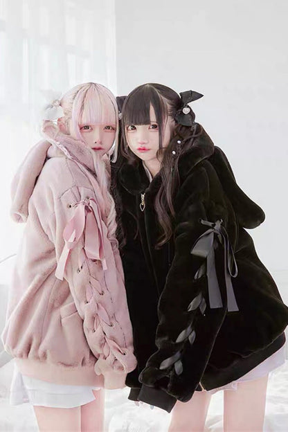 Pink Rabbit Ear Bow Lace-Up Hooded Coat