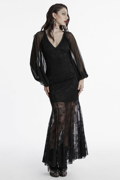 Plunging Batwing Sleeve Hollow Embroidered Punk Dress