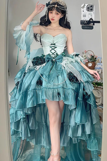 Amber Green Sweet Ballet Lolita Swan Wonderland Embroidery Lace-Up Asymmetric JSK Dress