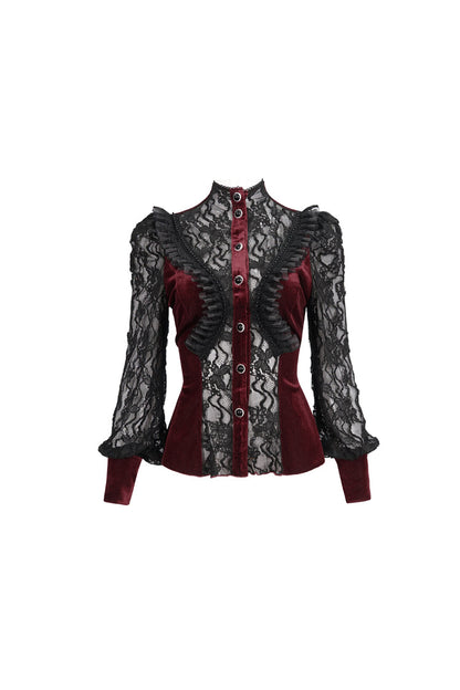 Velvet High Neck Lace Fake Bra Design Butterfly Mesh Gothic Shirt