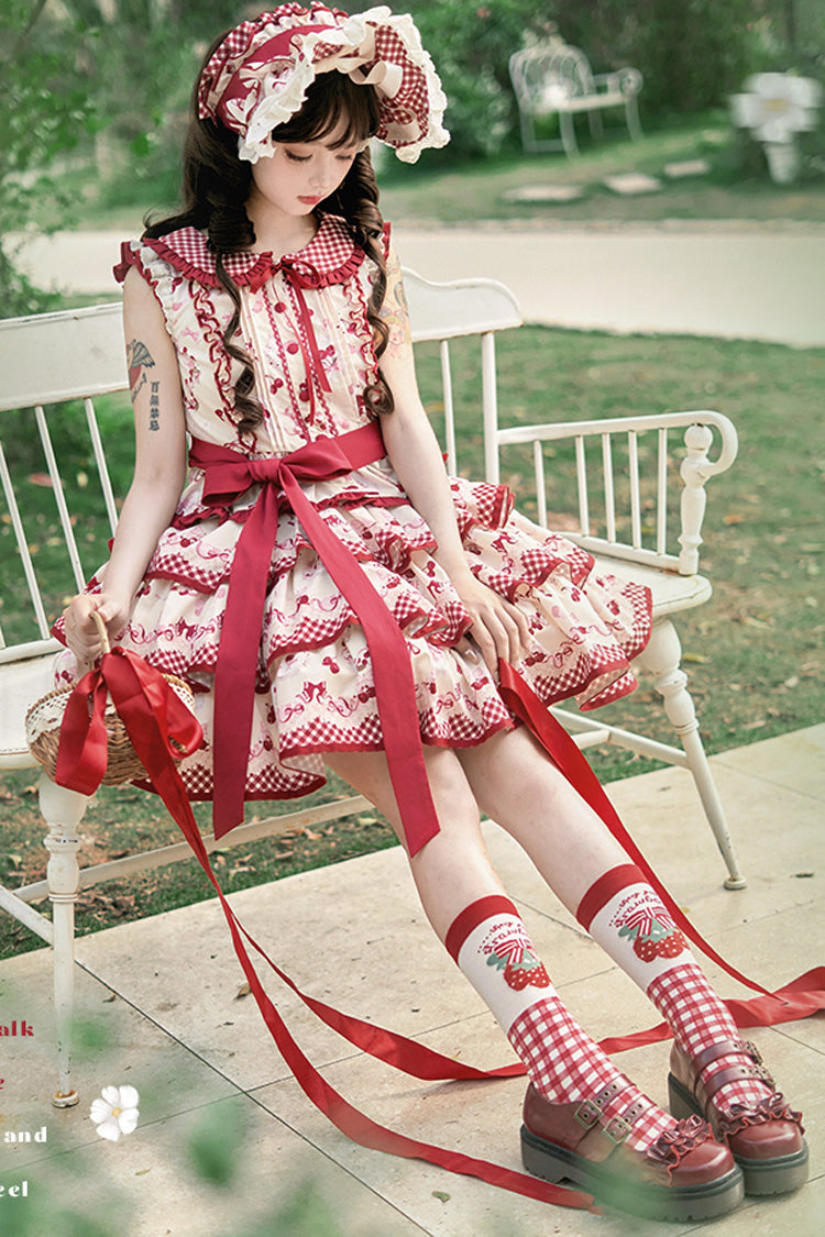 Crimson Three-Tier Cherry Print Ruffle Sweet Lolita Skirt Ensemble