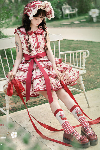 Crimson Three-Tier Cherry Print Ruffle Sweet Lolita Skirt Ensemble