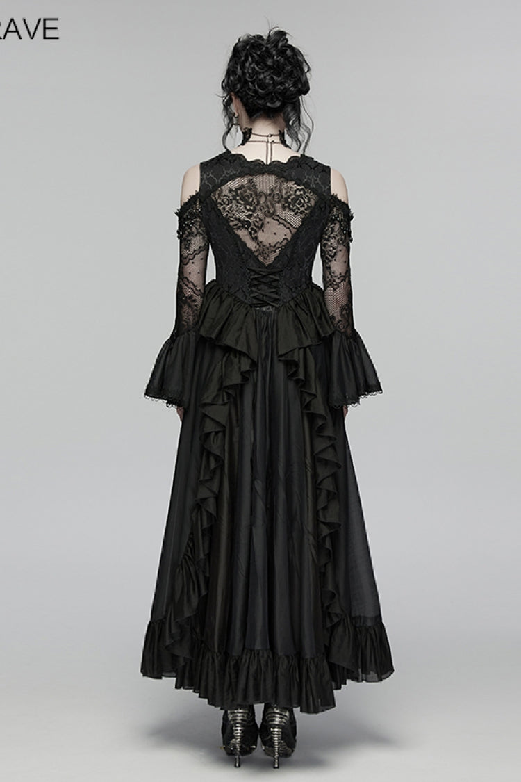 V Collar Trumpet Sleeve Double-Layered Hanayome Cut-Out Lace Lace-Up Pearl Pleated Gothic Palace Dress
