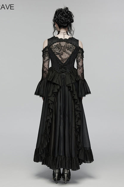 V Collar Trumpet Sleeve Double-Layered Hanayome Cut-Out Lace Lace-Up Pearl Pleated Gothic Palace Dress