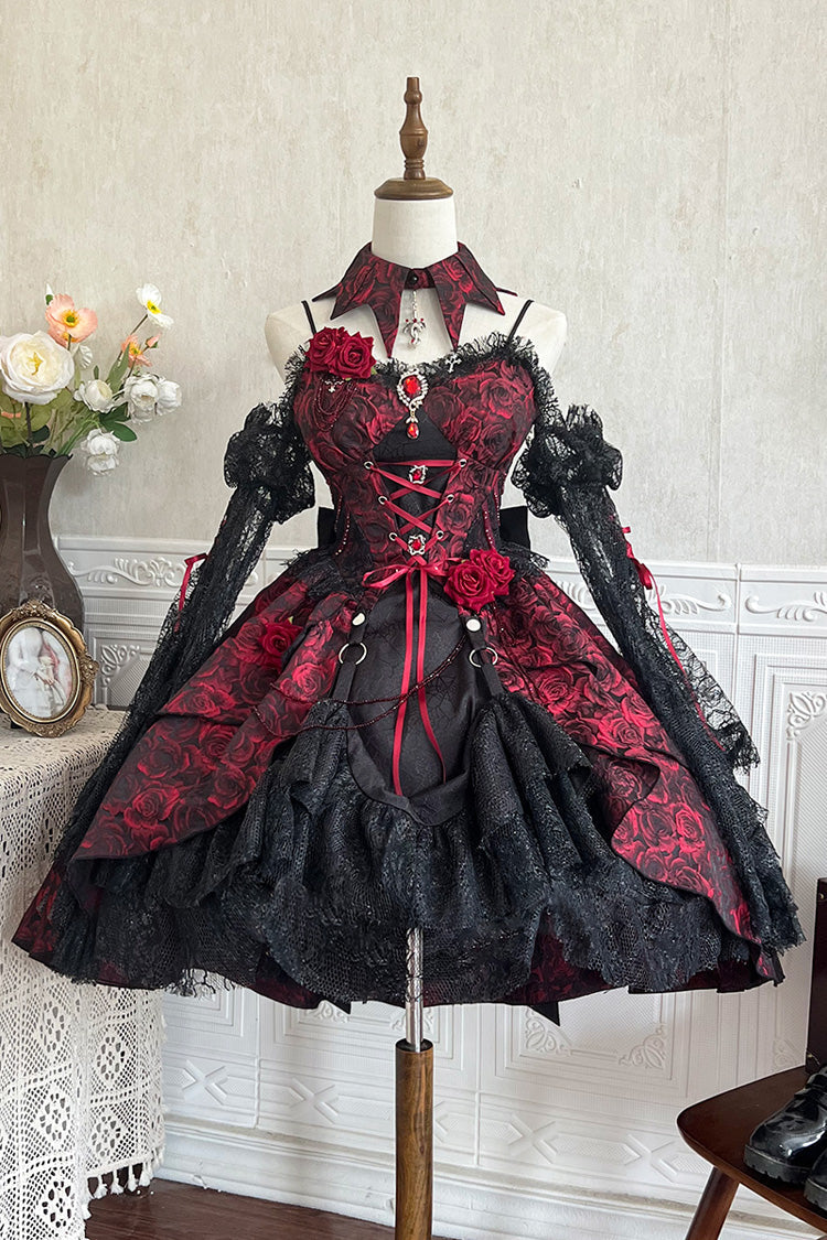 Weeping Rose Jacquard Lolita Dress with Lace-Up Cardigan - Noir