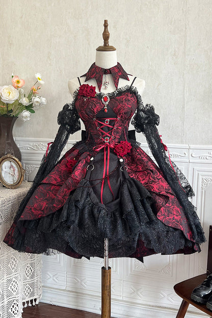 Weeping Rose Jacquard Lolita Dress with Lace-Up Cardigan - Noir