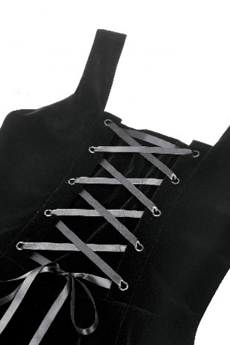 Gothic Women's Velvet Maxi Dress with Embroidered Horns and Lace-Up Back