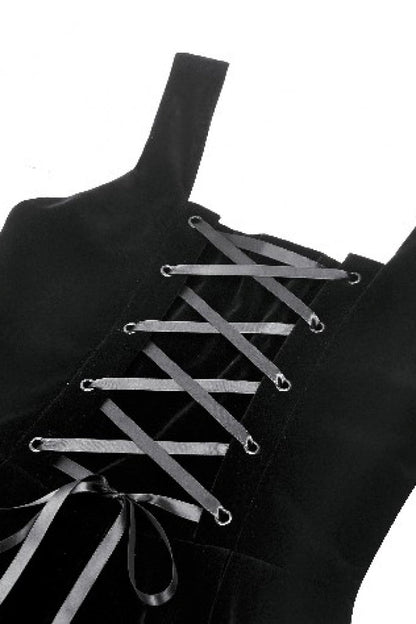 Gothic Women's Velvet Maxi Dress with Embroidered Horns and Lace-Up Back