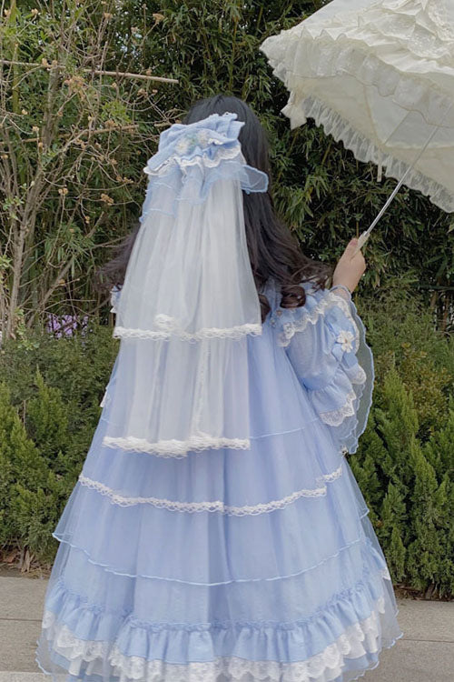 Blue OP Tiered Dress Sweet Lolita Trumpet Sleeves Bowknot Ruffled - Altfashion Shop
