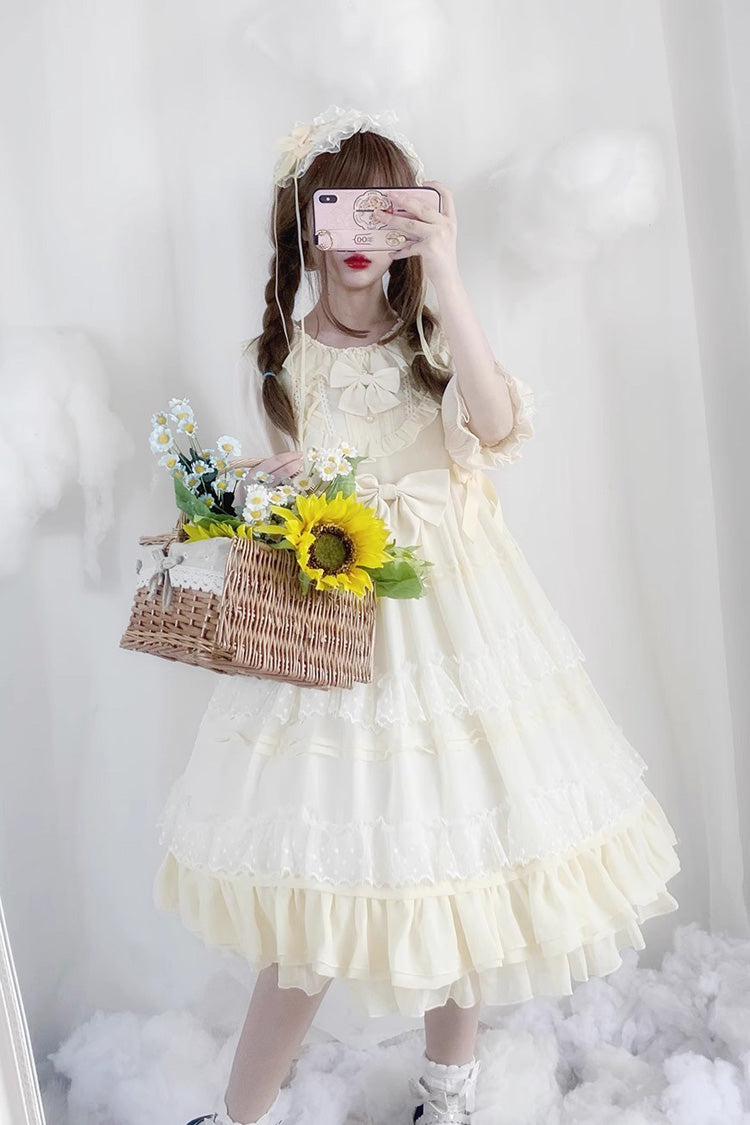 Beige Lace Angel Short-Sleeved Bow-Trim Ruffled Sweet Lolita Dress
