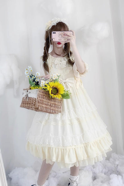 Beige Lace Angel Short-Sleeved Bow-Trim Ruffled Sweet Lolita Dress