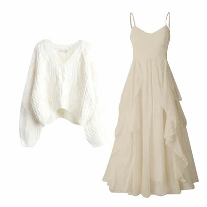 Elegant Knit Flouncing Slip Set Dress Cable Sweater