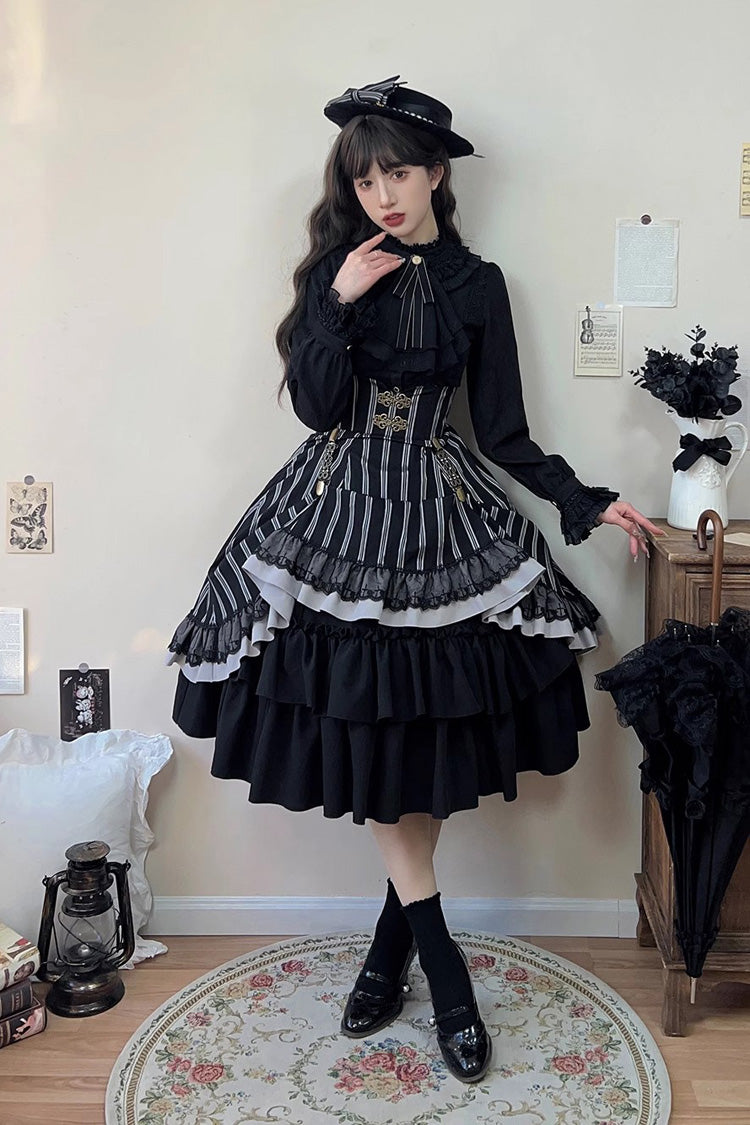 Black Manor Multi-layer Striped Ruffle Gothic Lolita Skirt