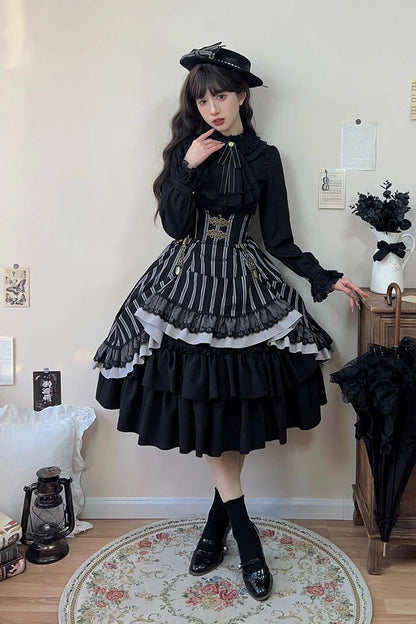 Black Manor Multi-layer Striped Ruffle Gothic Lolita Skirt