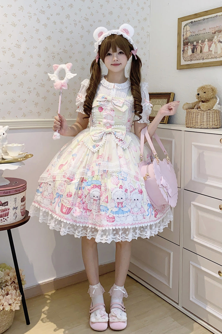 Golden Rabbit Print Ruffled Bow Lace Sweet JSK Attire