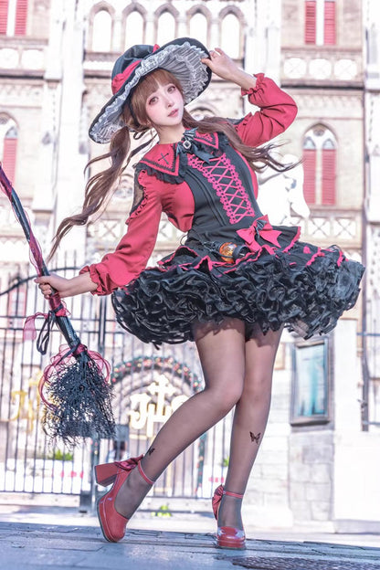Showa Cake Witch Lolita JSK with Lace-Up Back - Noir