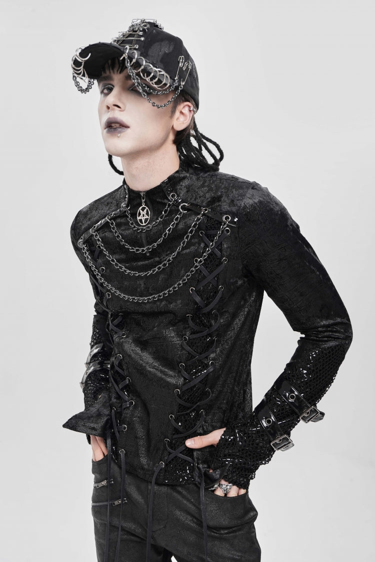 Men's Punk Blouse with Lace-Up Front and Chain Accents