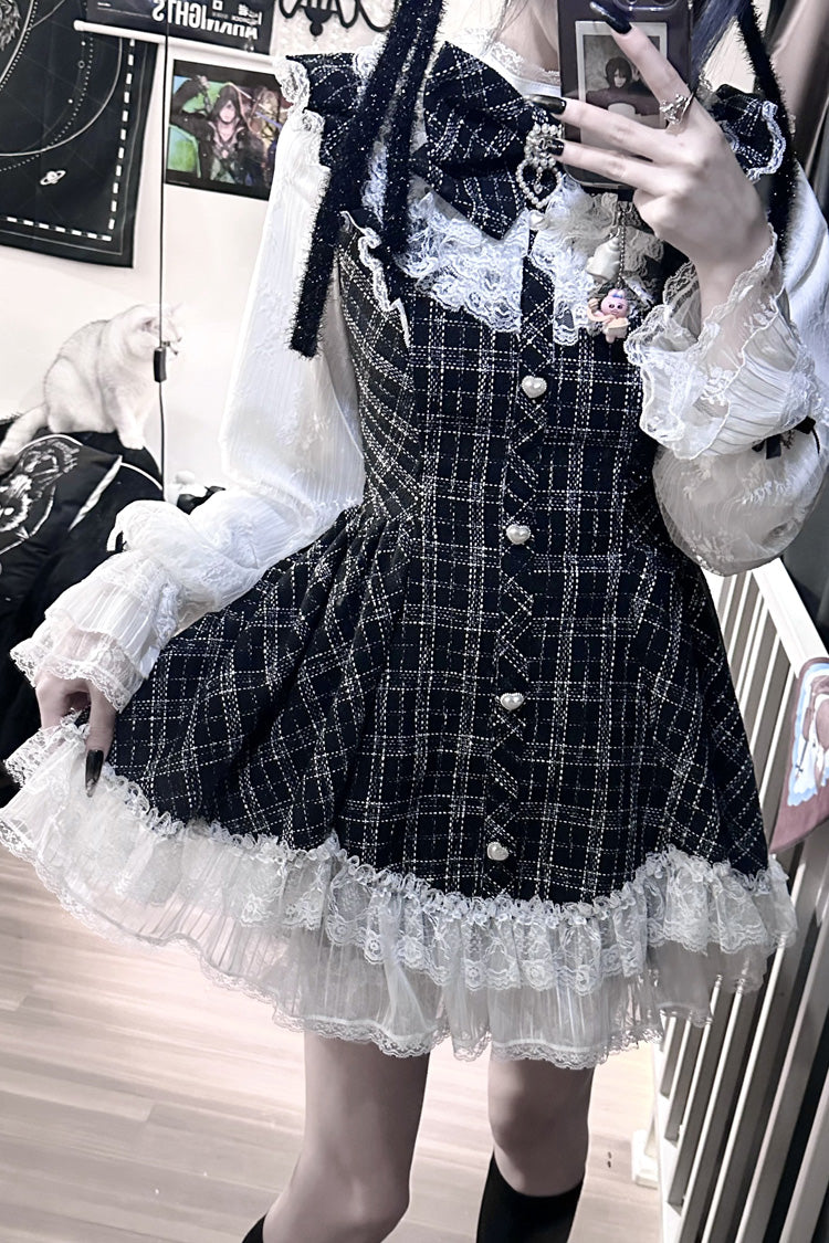 Lunar Eclipse Doll Plaid Printed Ruffled Bow Lace Sweet Jirai Kei Japanese Dress Shorts Set