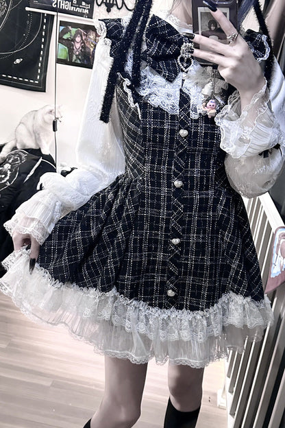 Lunar Eclipse Doll Plaid Printed Ruffled Bow Lace Sweet Jirai Kei Japanese Dress Shorts Set