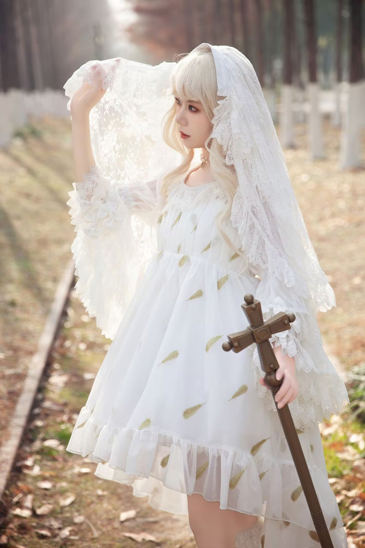Feather Snowflake Embroidery Print Sleeveless Ruffle Bow Sweet JSK Dress
